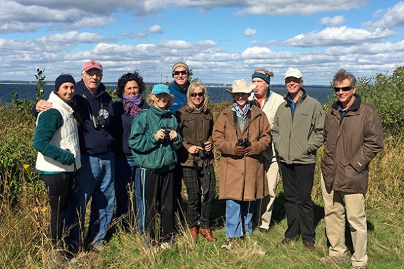 Part of the Penni Sharp Nature Walk group posing on hill near Race Point, Fishers Island, NY, 10-17-15. Photo by Chris Edwards